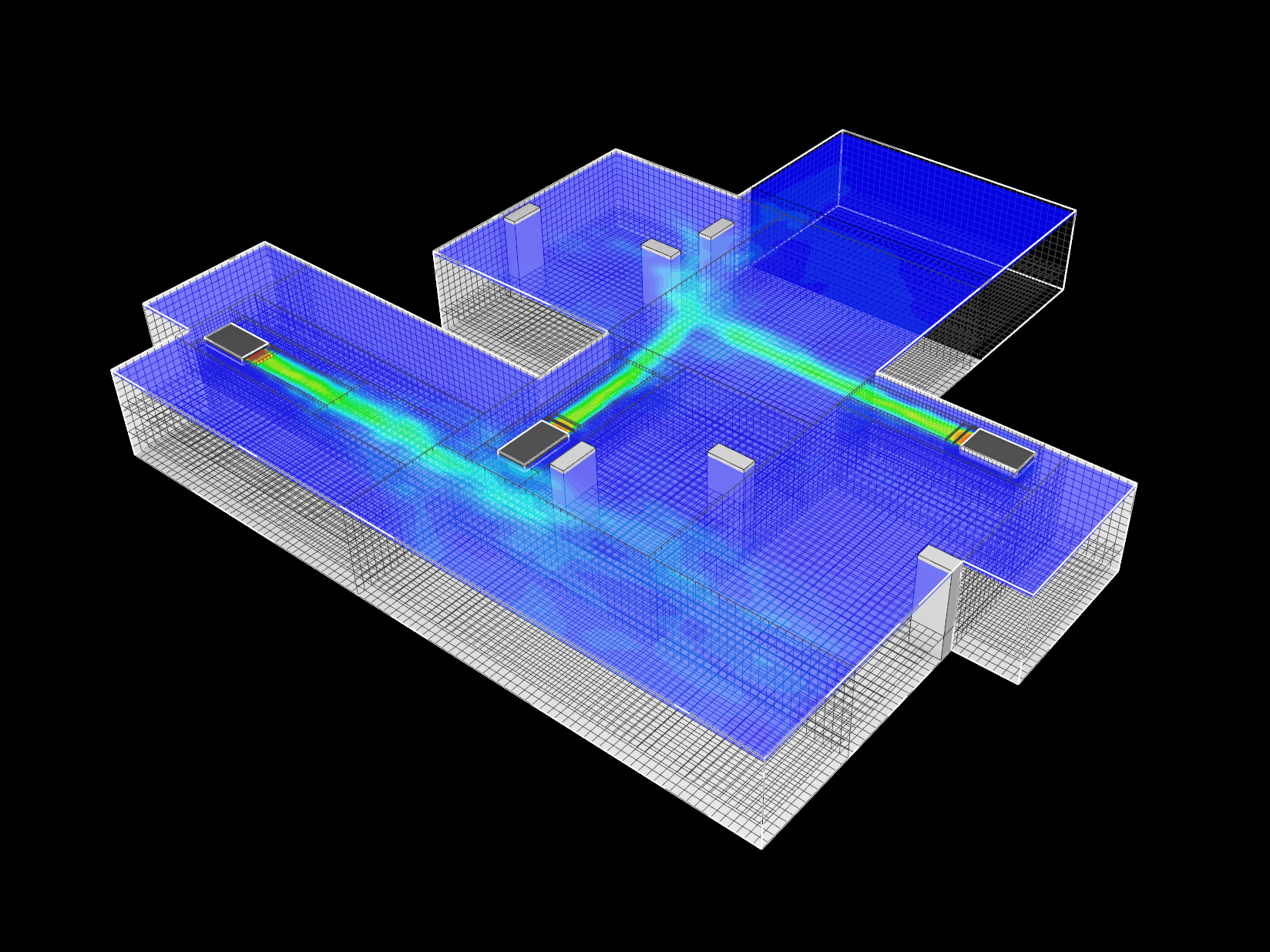 Basement Car Park Smoke and Pollution Control System. This project involved a detailed CFD assessment of a compact enclosed car park to verify both smoke‑clearance and daily pollution‑control performance.